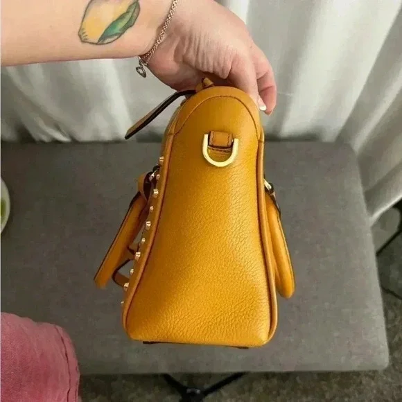 Michael Kors Carine Carmel Small Studded Pebbled Leather Satchel - Picture 10 of 11